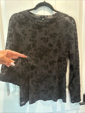 Women's Black Sheer Burnout Floral Long Sleeve Tee